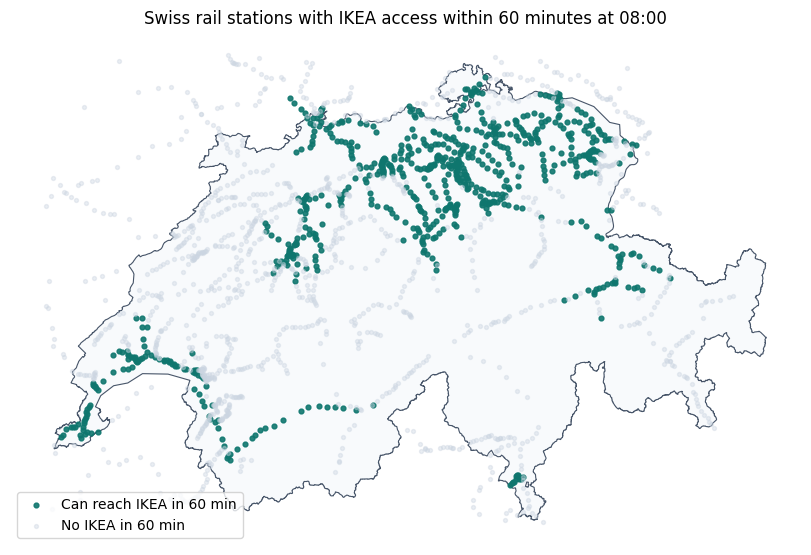 Swiss stations with IKEA access within 60 minutes