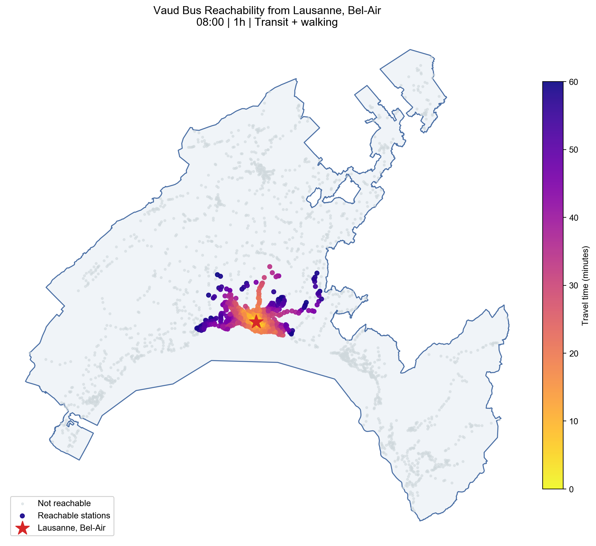 Lausanne, Bel-Air bus reachability at 08:00 within 1 hour (with walking links)